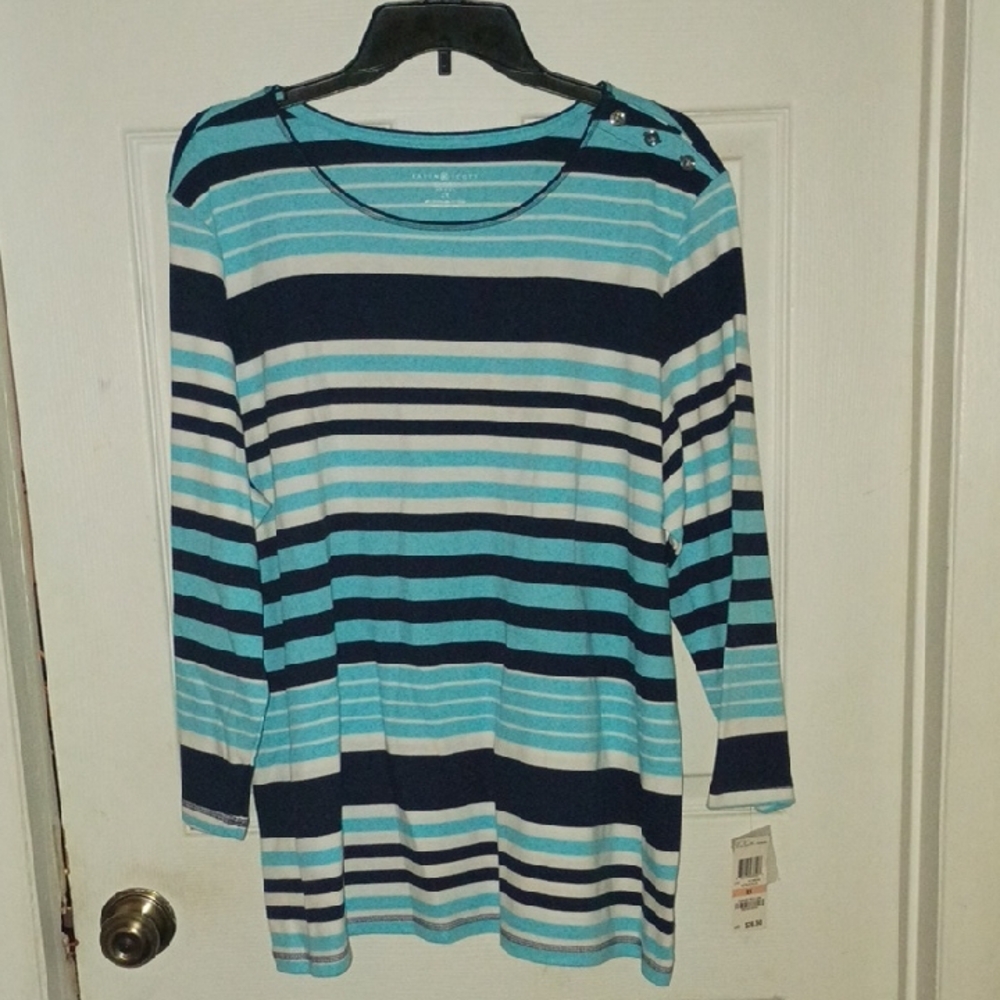 Karen Scott Blue and White Striped Short Sleeve Top